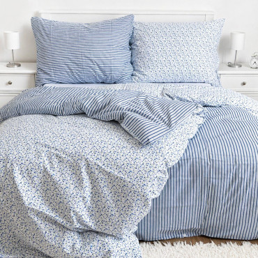 Oboustranné povlečení Kvítka a pruhy modré